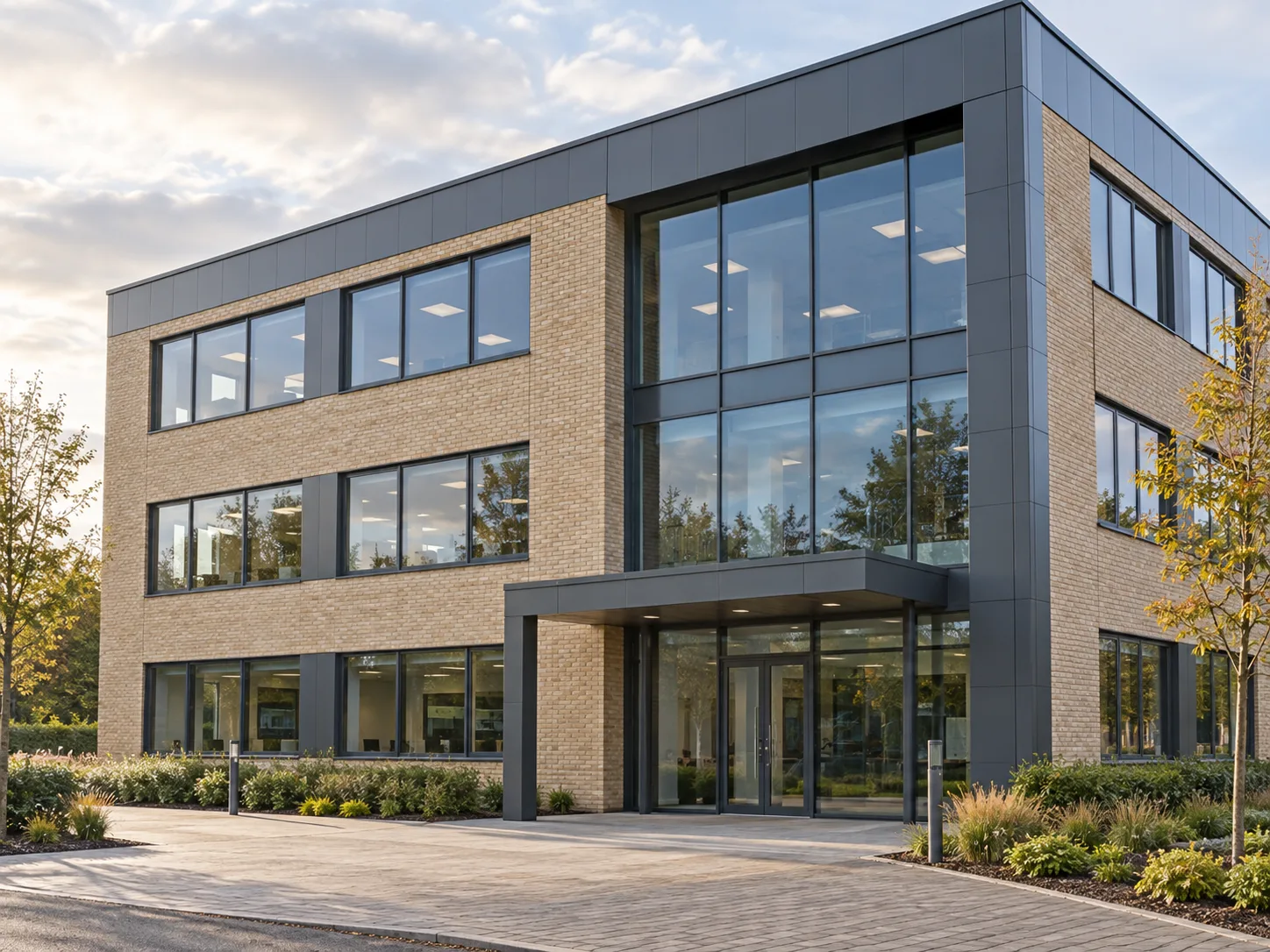 Illustration of a modern commercial office building with brickwork, dark cladding and glazed windows
