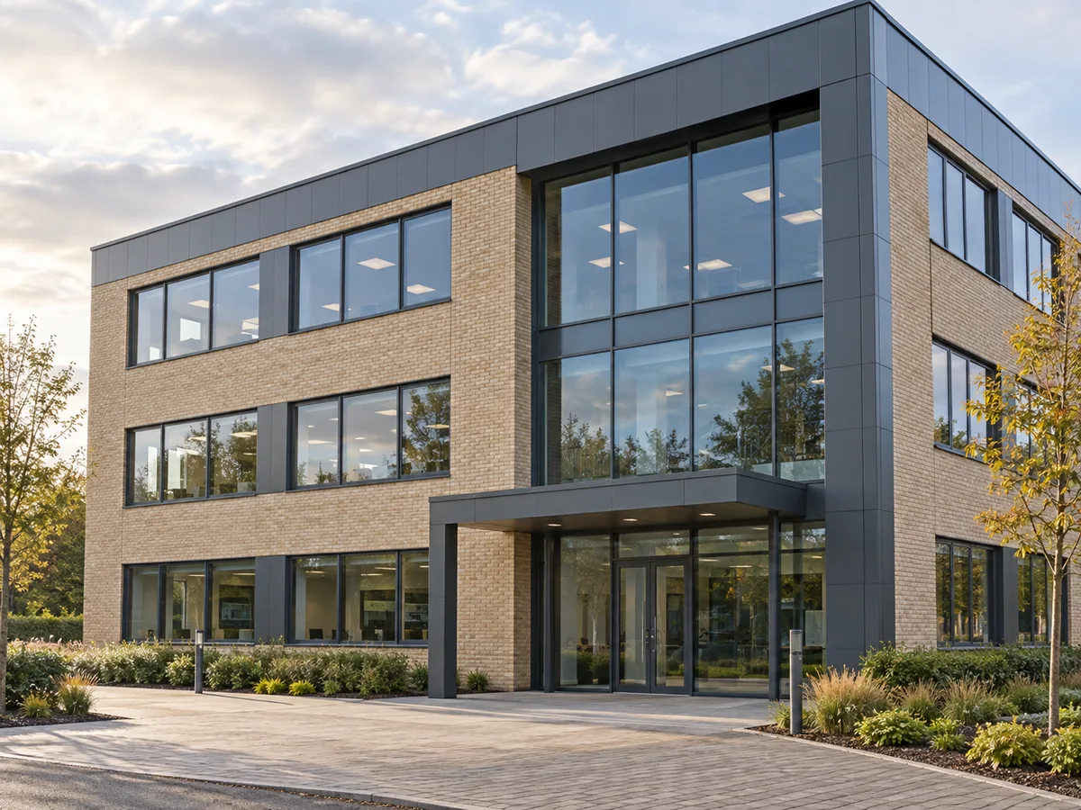 Illustrative commercial office building with brickwork, dark cladding and glazed windows